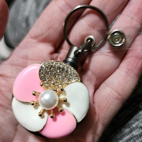 NEW Flower Pink White Enamel Rhinestone Badge Name Tag ID Clip Nurse Medical Job - Picture 2 of 11